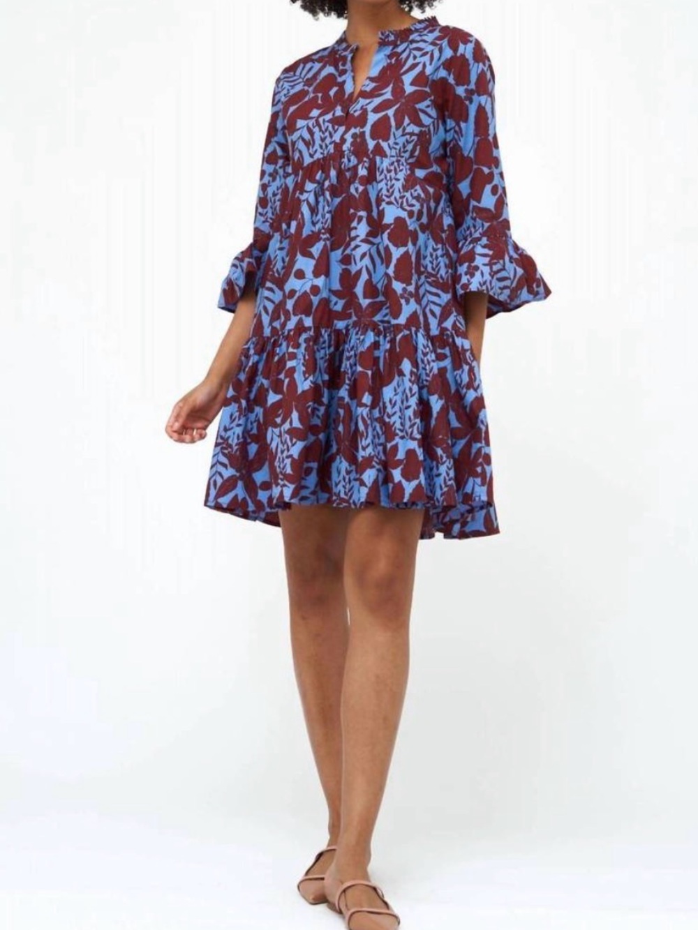 OLIPHANT Tiered Mini Dress Bell Sleeves in Rhubarb Willow